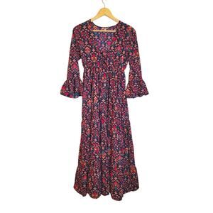 Boemo Anthropologie Bohemian Lace-up V-Neck Tiered Maxi Dress Small Bell Sleeve